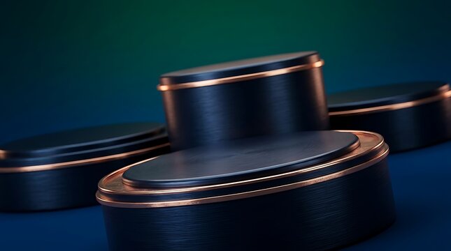 Stacked metallic rings with reflective gradient, dark teal and black glossy background