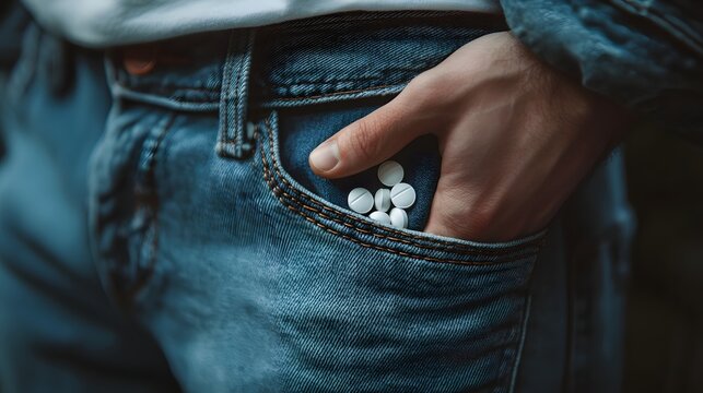 Close-up of a person nervously hiding white pills in their jeans pocket, conveying tension around controlled substance possession. Medical crime, drug abuse, law enforcement context.