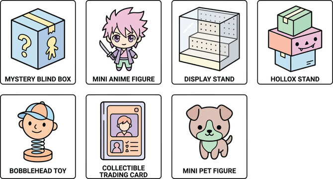 Collection of cute anime and toy icons including mystery blind box mini anime figure display stand and pet figure for collectible or merchandise design