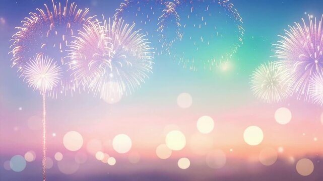 幻想的なパステルカラーの打ち上げ花火が夜空に広がるCGアニメーション　花火大会やお祝いの背景素材