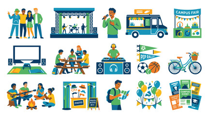 Fototapeta premium Vibrant Flat Design Vector Illustrations Depicting Various Campus Life and Student Activities