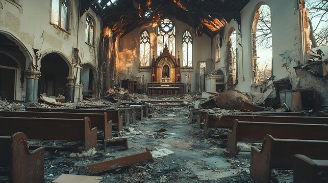 Vandalized church interior with shattered windows, charred pews, and collapsed ceiling revealing destruction. Religious site damaged by hate crime, conveying solemn ruin and spiritual loss.