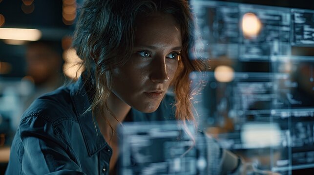 A focused woman analyzing data on a futuristic screen in a dimly lit room