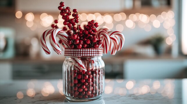 A festive holiday decoration featuring candy canes and red berries in a glass jar