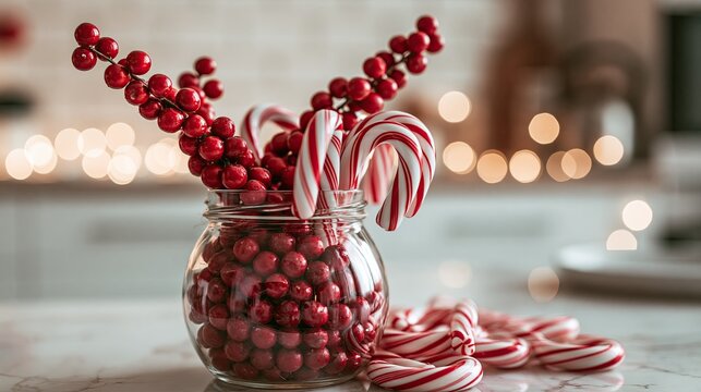 A festive holiday scene featuring a jar of candy canes and red berries on a kitchen counter
