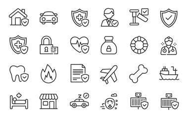 Insurance Line Icons Featuring Medical Car Accident Health Life Travel Home Flood Protection Coverage Policy Claim Assistance Editable Stroke Vector Illustration for Web and App Design © HYPER