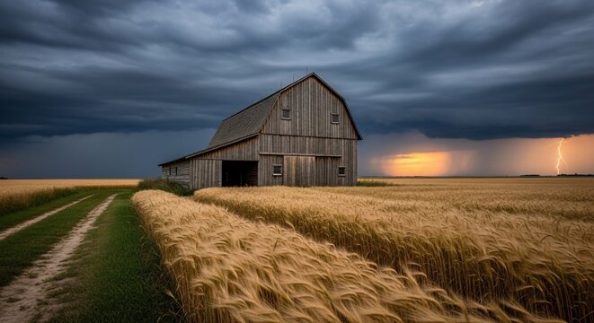 Old barn wheat field dramatic sky