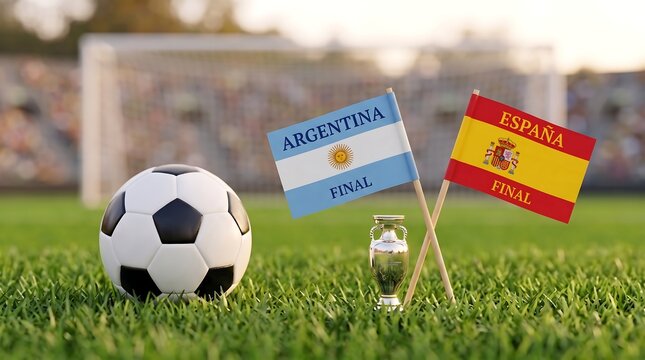 Argentina vs Spain soccer final match. Flags and ball on stadium grass for championship.
