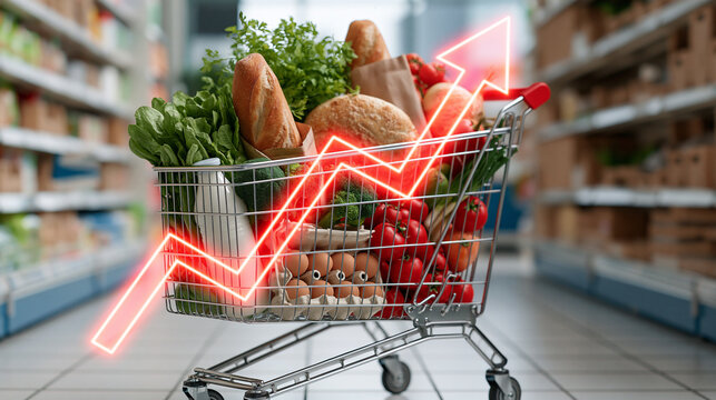 Shopping Cart Filled with Groceries and Rising Red Arrow in Supermarket Aisle
