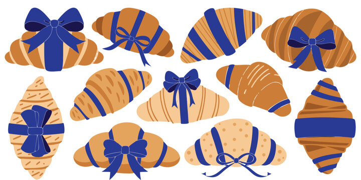 Hand Painted Easter Egg Collection with Blue Ribbon Bows Isolated Vector Set,