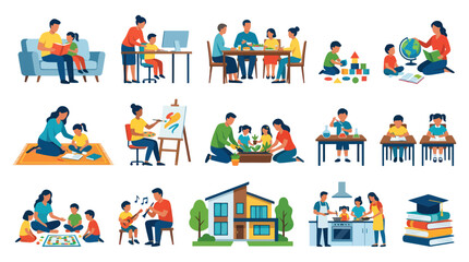 Fototapeta premium Flat Vector Illustrations: Family Education, Home Learning Activities, and Child Development Scenes
