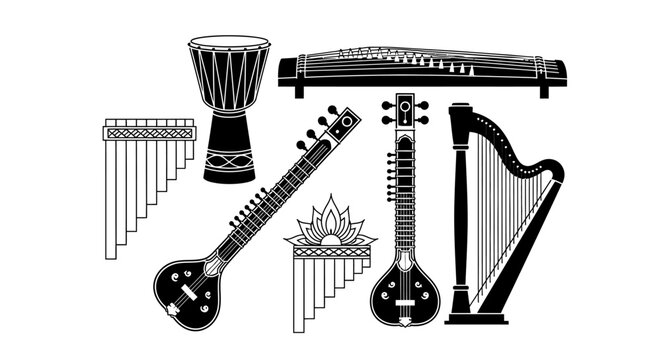 Collection of diverse musical instruments with intricate designs