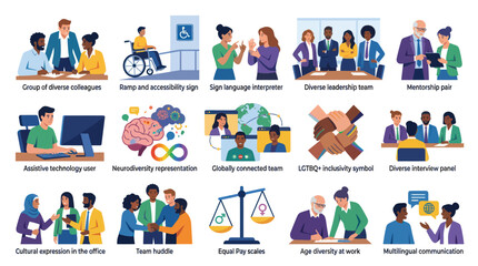 Fototapeta premium Flat Design Illustrations: Business Diversity, Equity Inclusion Concepts, HR Workplace Equality