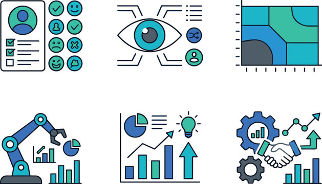 Customer sentiment analysis biometric surveillance market forecasting and industrial automation partnership linear vector icon set