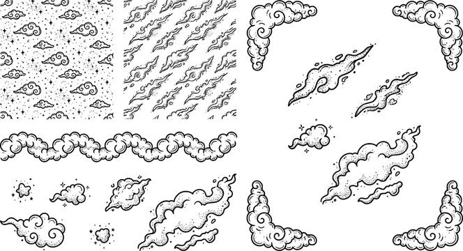 Set of hand drawn cloud elements, seamless patterns, and decorative borders transparent background