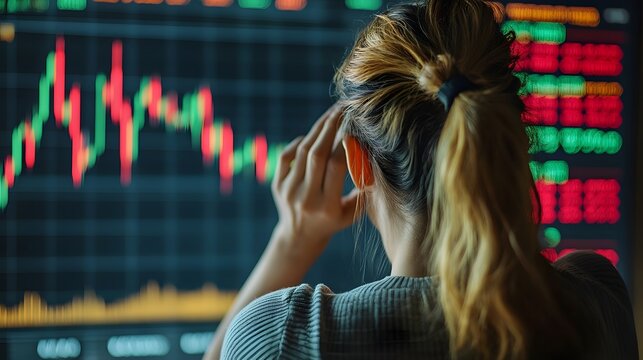 Stressed investor nervously monitors volatile stock charts on large screen, hands near face, conveying financial anxiety and market manipulation tension in modern trading room setting.