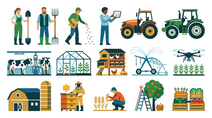 Fototapeta premium Flat Vector Farm Icons: Agriculture, Livestock, Technology, and Produce