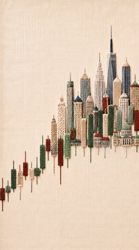 Embroidery style concept art of candlestick stock chart and growing city skyline