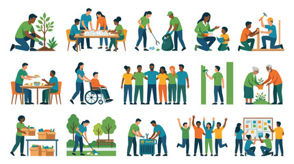 Fototapeta premium Flat Style Vector Illustration of Diverse People Volunteering and Community Support