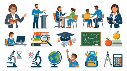 Fototapeta premium Education and Science Flat Vector Icons Set. School, Learning, University Concepts Symbols Collection.