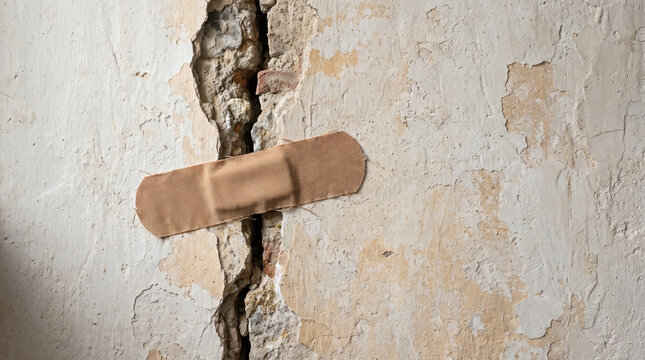 Adhesive bandage on a cracked wall. Conceptual repair of structural damage in a home.