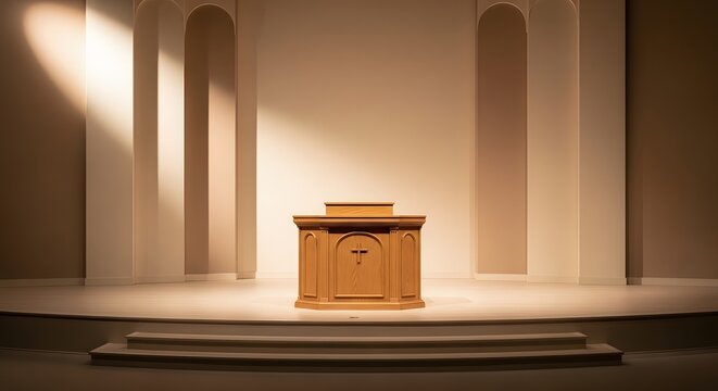 Wooden church pulpit on a stage with soft light