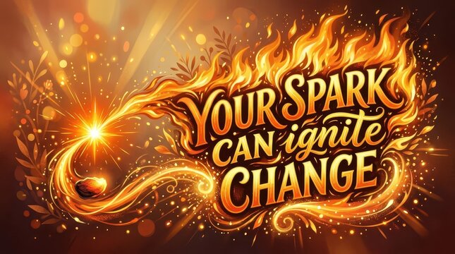 Inspirational phrase "Your spark can ignite change" in fiery, glowing calligraphy, symbolizing transformation and impact
