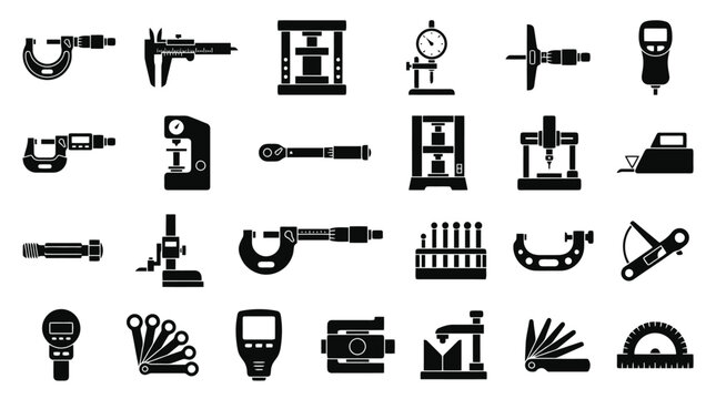 Precision measuring tools and metrology icons set, engineering measurement vector symbols including micrometer vernier caliper dial indicator feeler gauge protractor isolated