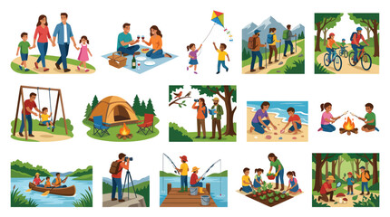 Fototapeta premium Flat Vector Illustration Set of Family Outdoor Recreation, Nature Activities, and Adventure Lifestyle Scenes