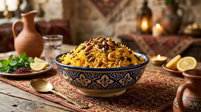 Traditional saffron rice pilaf with nuts in a decorative bowl