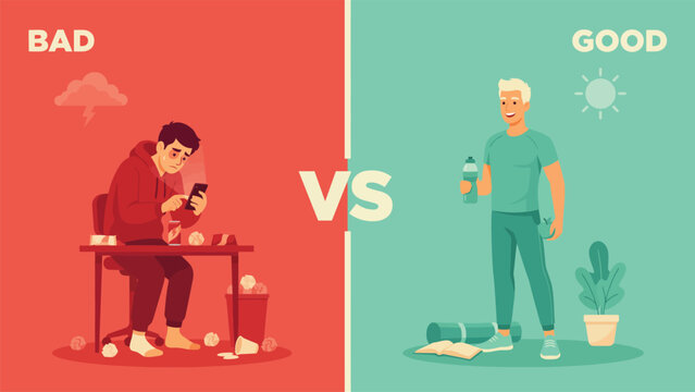 Vector illustration of bad versus good daily habits and healthy activity