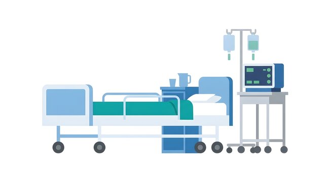 Flat vector illustration of a modern hospital bed with patient monitoring equipment, IV drip, bedside table, and medical devices. Suitable for healthcare, hospital facilities, emergency care, inpatien