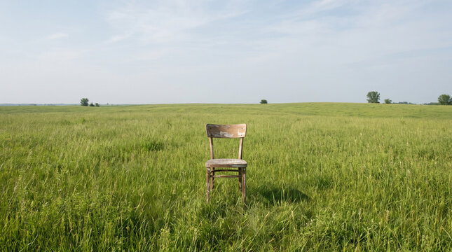 Empty wooden chair in a green meadow. Minimalist outdoor scene with rustic furniture.