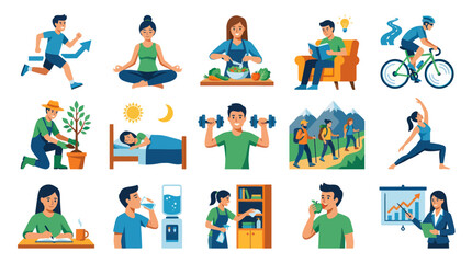 Fototapeta premium Flat Vector Illustration of Healthy Lifestyle, Self-Care, and Personal Growth Activities for Wellness