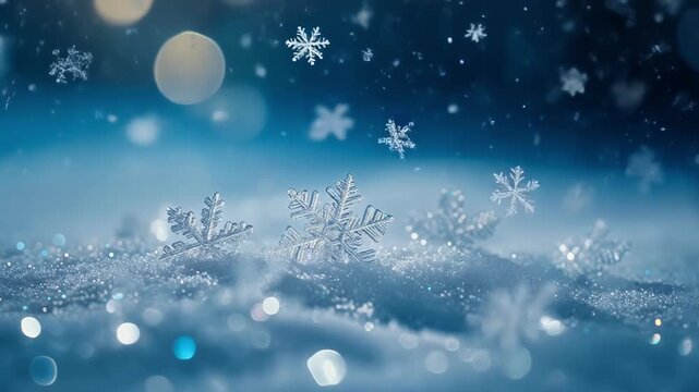 Delicate snowflakes sparkle on shimmering snow, creating magical winter scene with bokeh lights and serene atmosphere