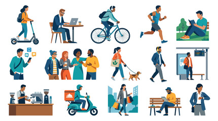 Fototapeta premium Diverse people walking, cycling, working, exercising in flat vector art style