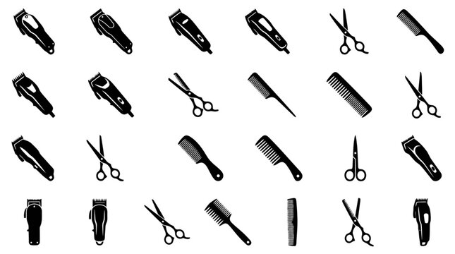 A collection of black and white icons representing barber tools, including clippers, scissors, and combs, arranged in a grid.
