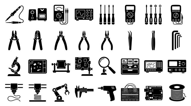 A comprehensive collection of electronic tools and equipment, including soldering irons, multimeters, oscilloscopes, pliers, tweezers, microscopes, 3D printers, and more.