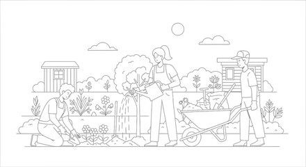 Obraz premium People planting and watering in a garden setting with tools and structures