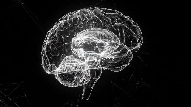 A digital illustration of a human brain rendered in a glowing wireframe style on black background