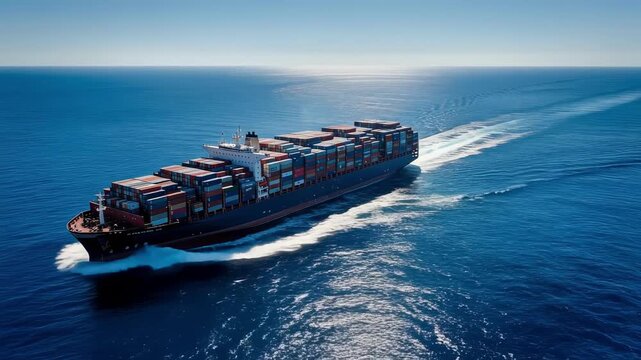 Massive container ship sails smoothly across sparkling deep blue ocean, showcasing maritime transport and beauty serene