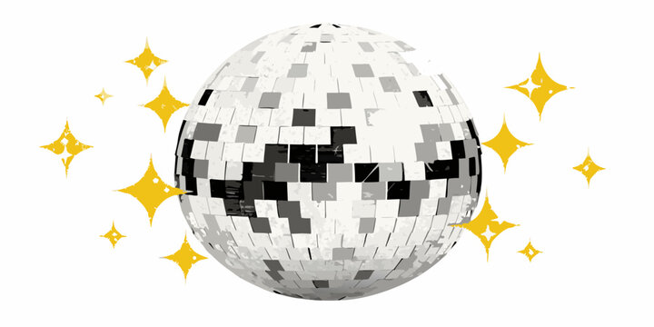 Disco ball with mirrored tiles and golden sparkles on white background