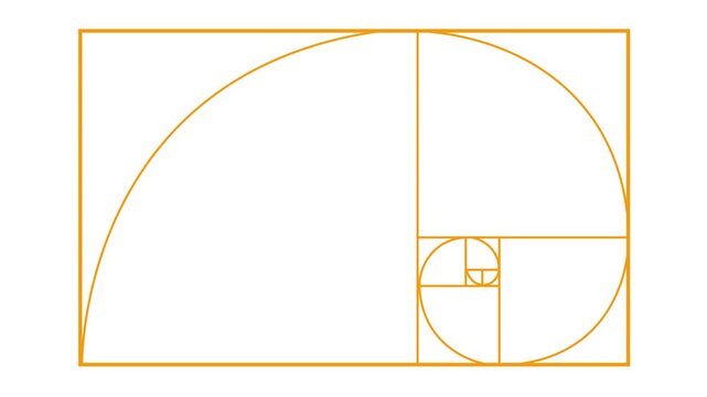Clean golden ratio and Fibonacci spiral construction diagram with geometric proportion grid on a white background. Ideal for mathematics, architecture, graphic design, composition, engineering, educat