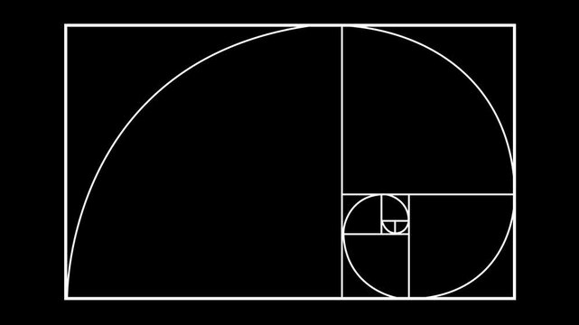 Clean golden ratio and Fibonacci spiral construction diagram with geometric proportion grid on a black background. Ideal for mathematics, architecture, graphic design, composition, engineering, educat
