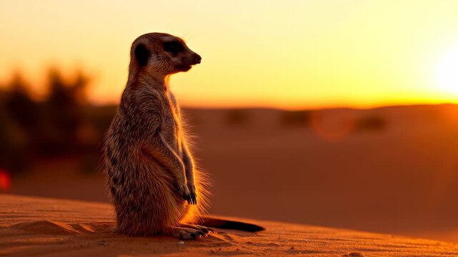 A curious meerkat stands watch across the vast desert dunes while the warm golden sun sets beautifully on the horizon during an evening in the wild savanna which captures nature in perfect peace
