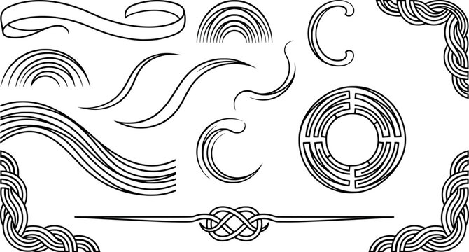 Set of abstract decorative design elements including waves, ribbons, corners, and a labyrinthine circular motif for graphic projects transparent background