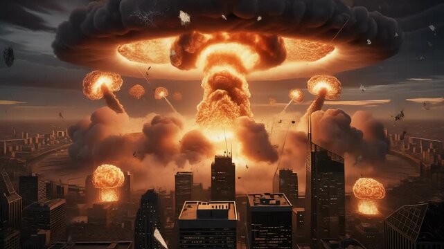 Massive nuclear explosion engulfs city skyline at dusk, fiery mushroom clouds and destruction create dramatic chaos in scene