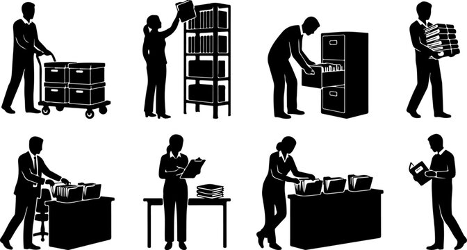 Set of office workers silhouettes performing various administrative tasks vector illustration