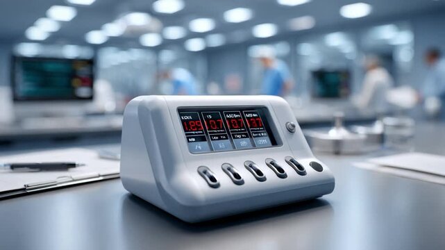 Medical Device in a Laboratory Setting: A sleek, modern medical device with a digital display sits on a clean laboratory counter, ready for use in a cutting-edge research environment.