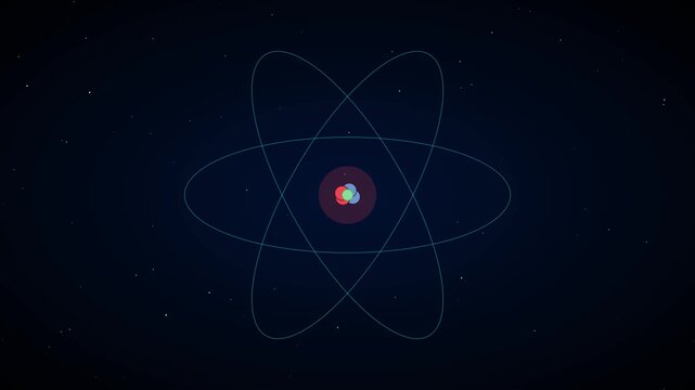 Animated atom model rotating in space: scientific concept of atomic structure and particle physics for educational research and animation 4k